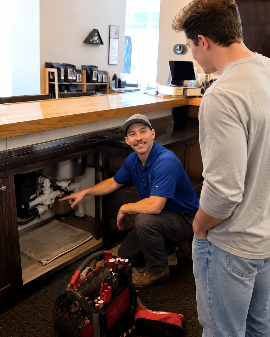 John of Barr Web Plumbing kneeling at a kitchen cabinet, pointing out the plumbing and explaining it to a new homeowner