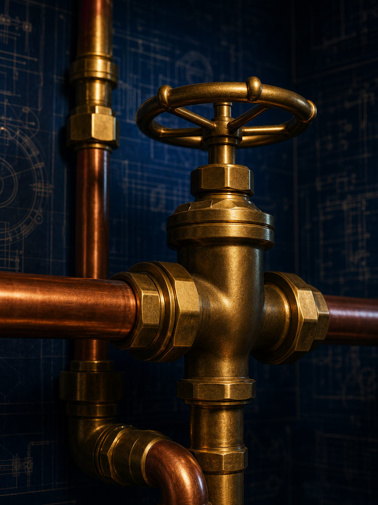 Close-up of polished brass and copper plumbing pipes joined to an industrial gate valve